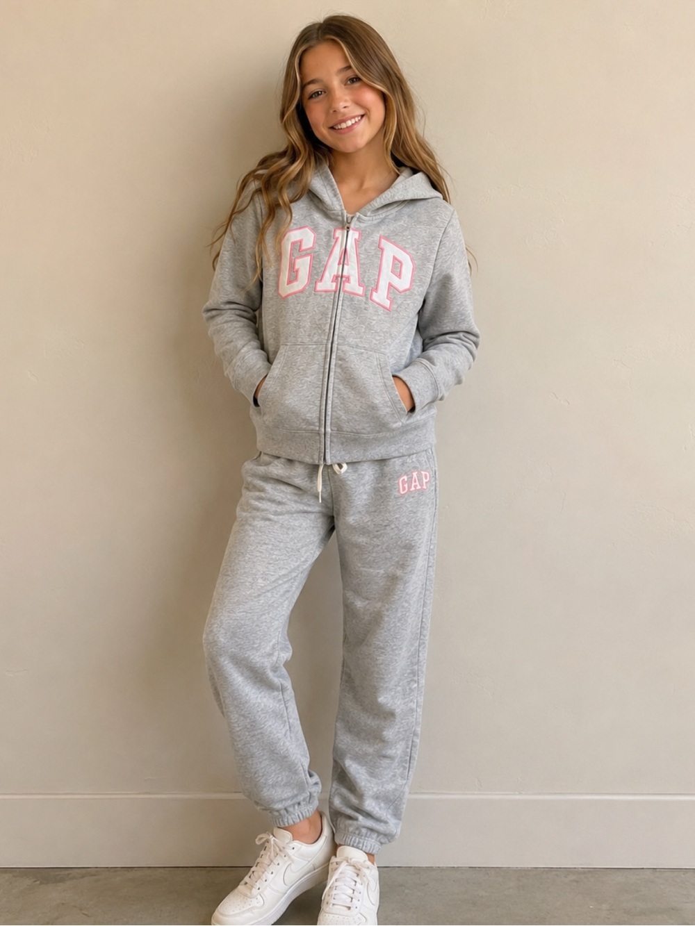 GAP Girls Heathered Gray & Pink Logo Matching Sweatsuit